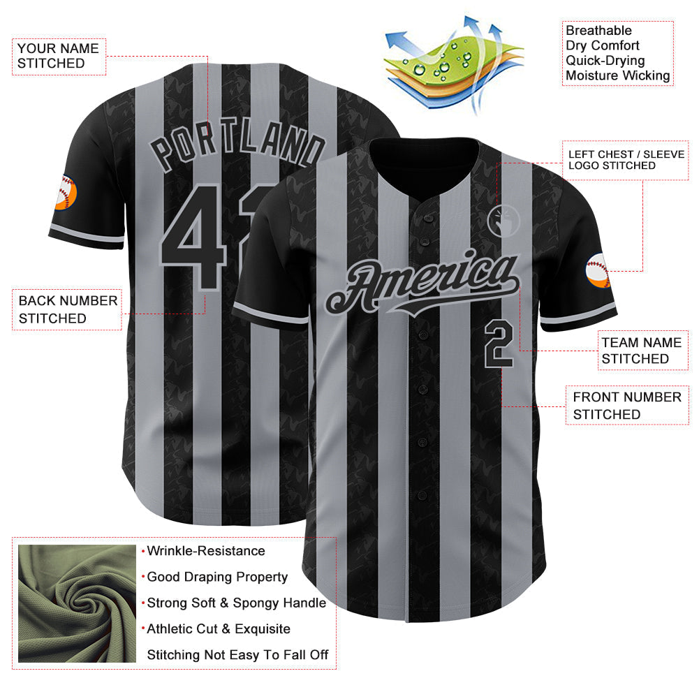 Custom Black-Gray Classic Vertical Stripe Fluid Liquid Texture Authentic Baseball Jersey baseball jersey product view 3