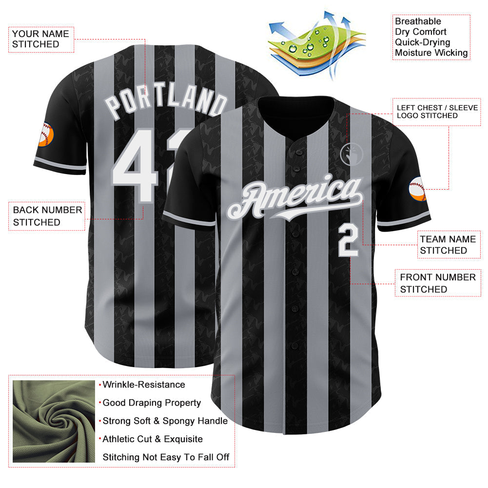 Custom Black White-Gray Classic Vertical Stripe Fluid Liquid Texture Authentic Baseball Jersey baseball jersey product view 3