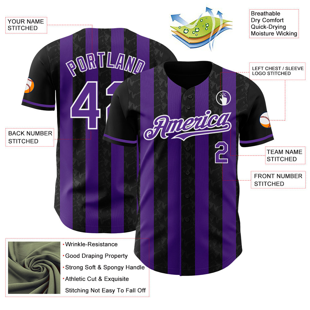 Custom Black Purple-White Classic Vertical Stripe Fluid Liquid Texture Authentic Baseball Jersey baseball jersey product view 3