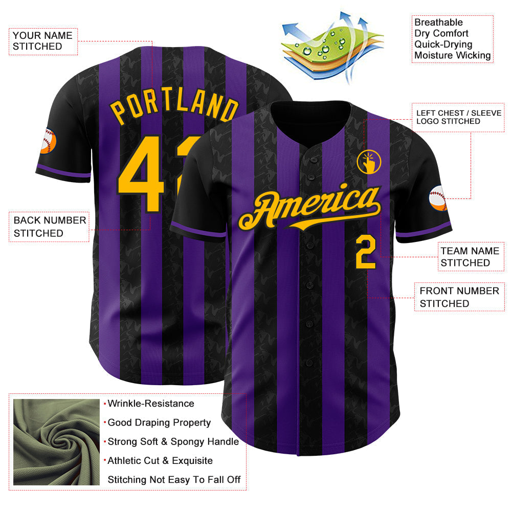 Custom Black Gold-Purple Classic Vertical Stripe Fluid Liquid Texture Authentic Baseball Jersey baseball jersey product view 3