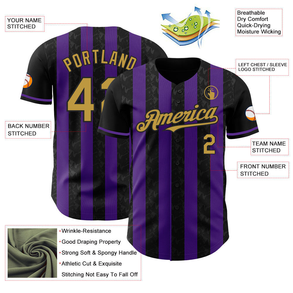 Custom Black Old Gold-Purple Classic Vertical Stripe Fluid Liquid Texture Authentic Baseball Jersey baseball jersey product view 3
