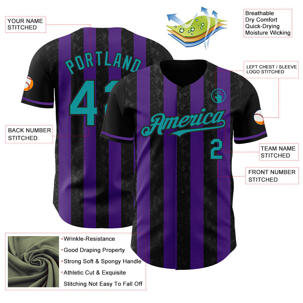 Custom Black Teal-Purple Classic Vertical Stripe Fluid Liquid Texture Authentic Baseball Jersey baseball jersey product view 3