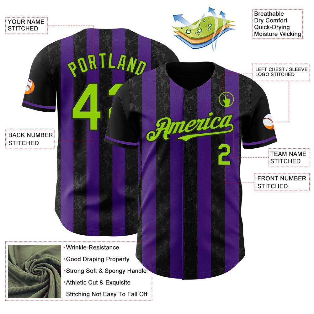 Custom Black Neon Green-Purple Classic Vertical Stripe Fluid Liquid Texture Authentic Baseball Jersey baseball jersey product view 3