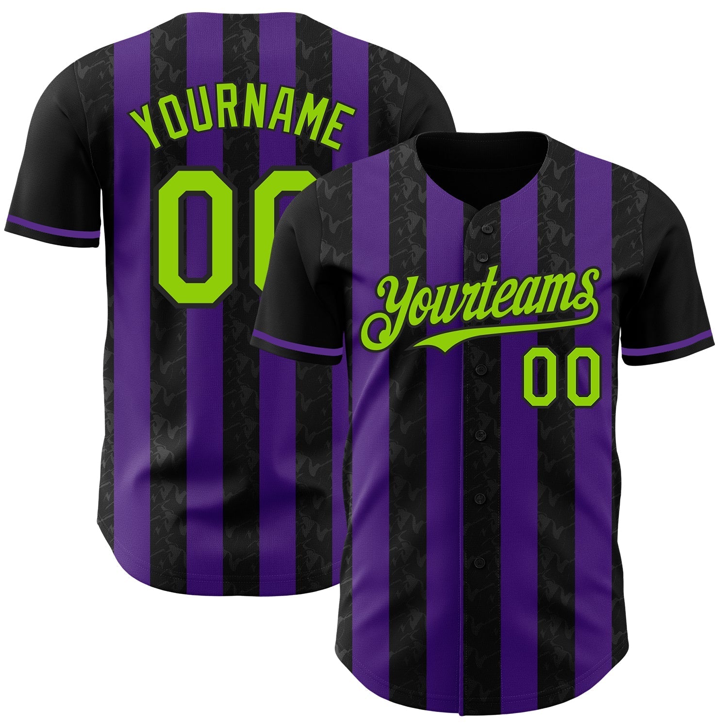 Custom Black Neon Green-Purple Classic Vertical Stripe Fluid Liquid Texture Authentic Baseball Jersey baseball jersey product view 1