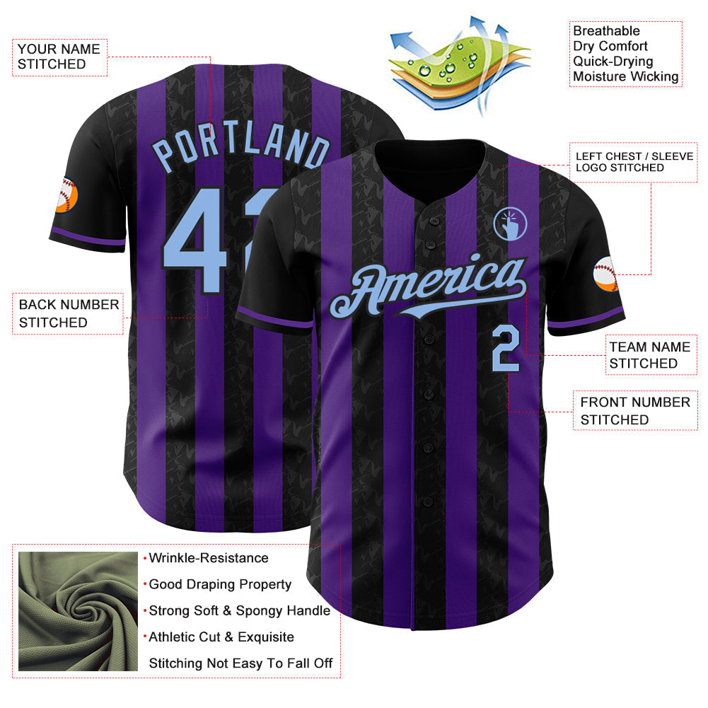Custom Black Light Blue-Purple Classic Vertical Stripe Fluid Liquid Texture Authentic Baseball Jersey baseball jersey product view 3