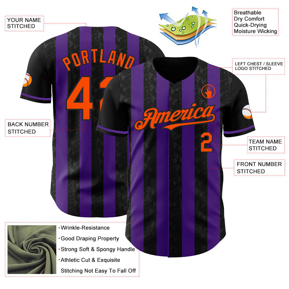Custom Black Orange-Purple Classic Vertical Stripe Fluid Liquid Texture Authentic Baseball Jersey baseball jersey product view 3