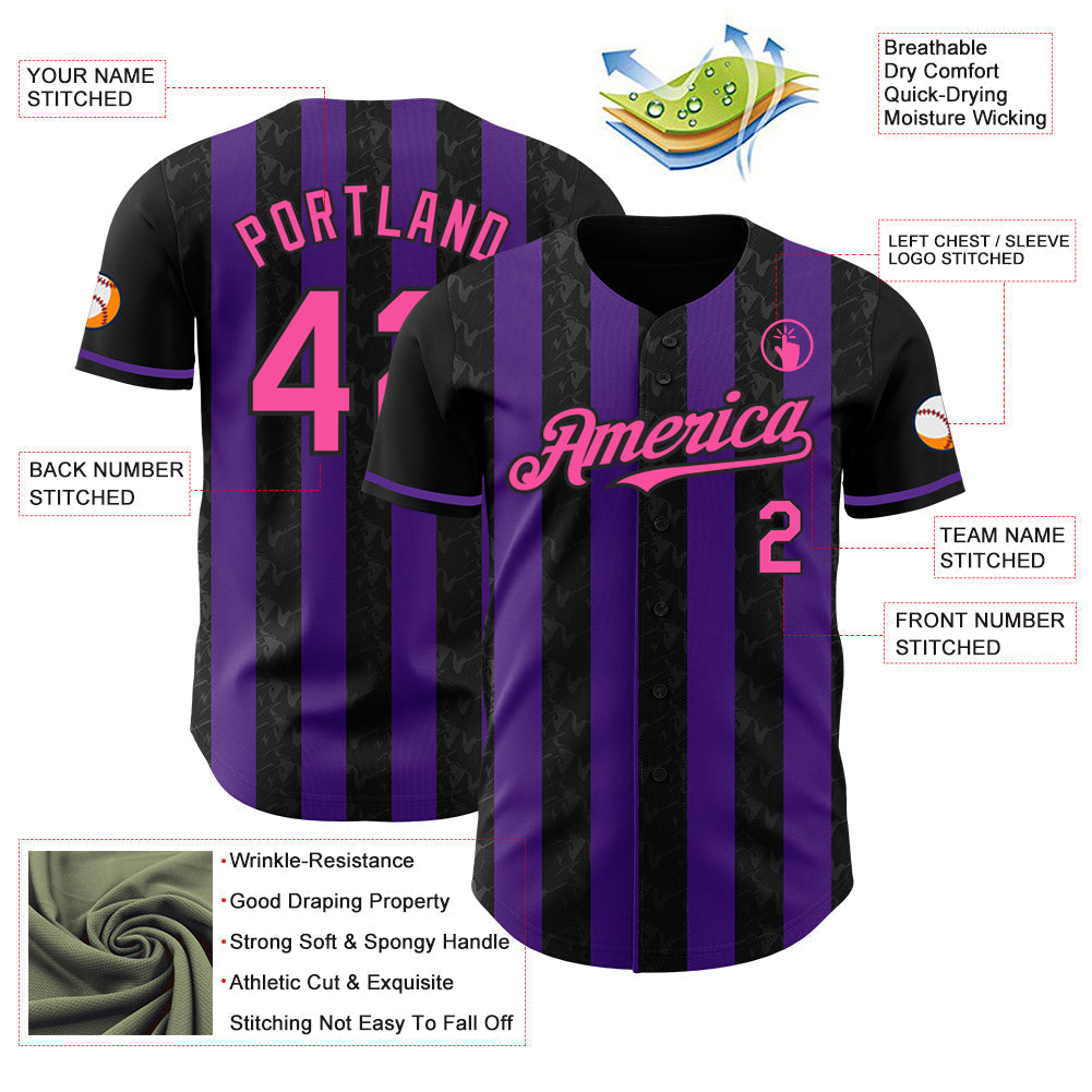 Custom Black Pink-Purple Classic Vertical Stripe Fluid Liquid Texture Authentic Baseball Jersey baseball jersey product view 3