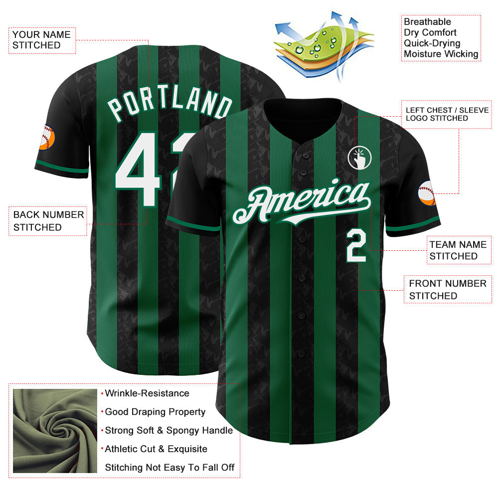 Custom Black White-Kelly Green Classic Vertical Stripe Fluid Liquid Texture Authentic Baseball Jersey baseball jersey product view 3