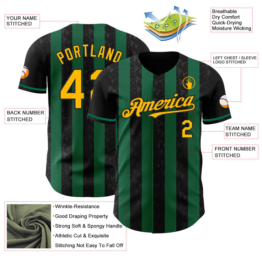 Custom Black Gold-Kelly Green Classic Vertical Stripe Fluid Liquid Texture Authentic Baseball Jersey baseball jersey product view 3