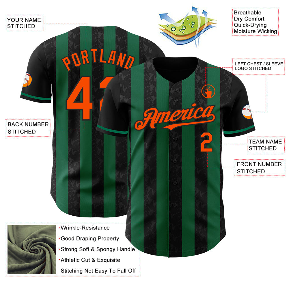 Custom Black Orange-Kelly Green Classic Vertical Stripe Fluid Liquid Texture Authentic Baseball Jersey baseball jersey product view 3