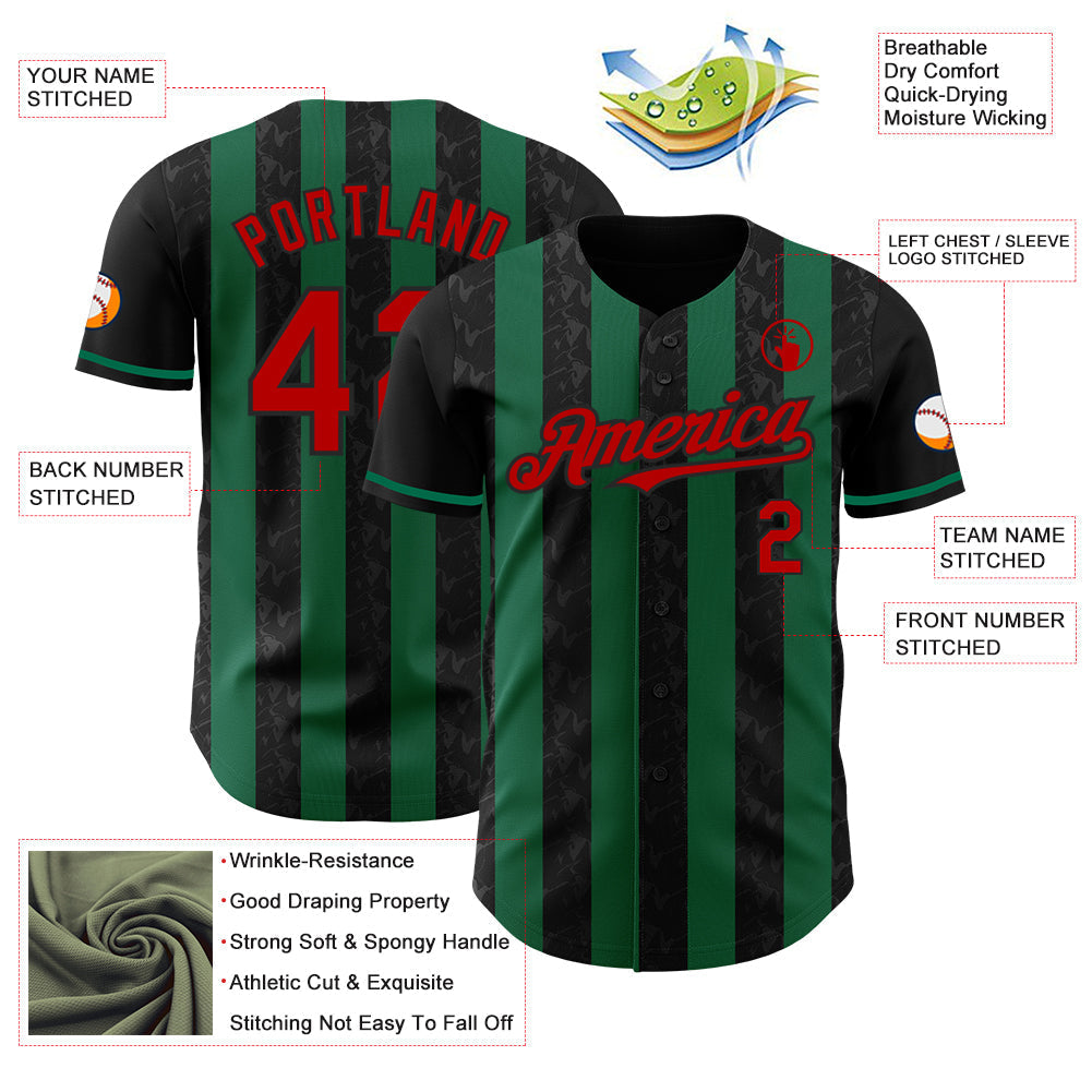 Custom Black Red-Kelly Green Classic Vertical Stripe Fluid Liquid Texture Authentic Baseball Jersey baseball jersey product view 3