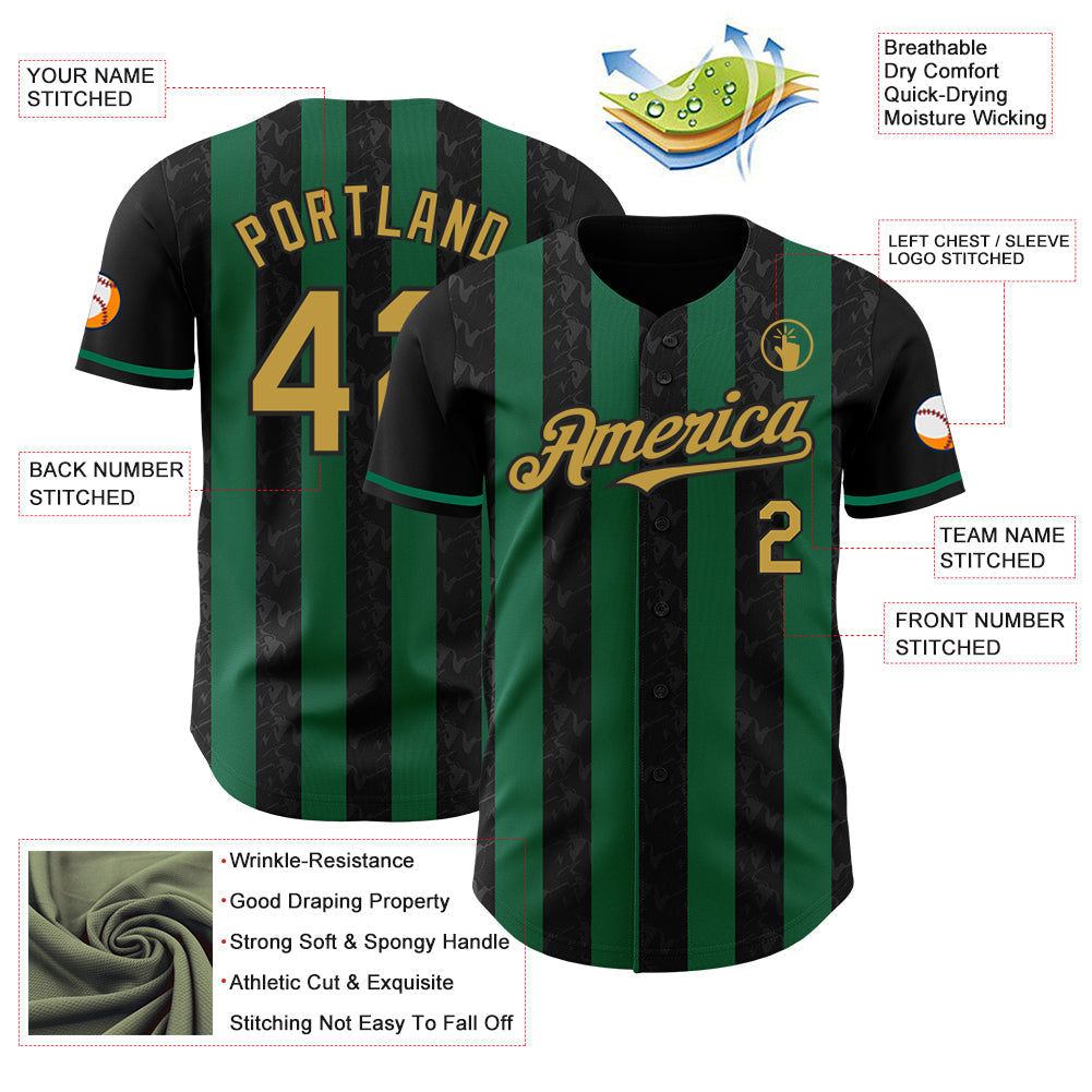 Custom Black Old Gold-Kelly Green Classic Vertical Stripe Fluid Liquid Texture Authentic Baseball Jersey baseball jersey product view 3