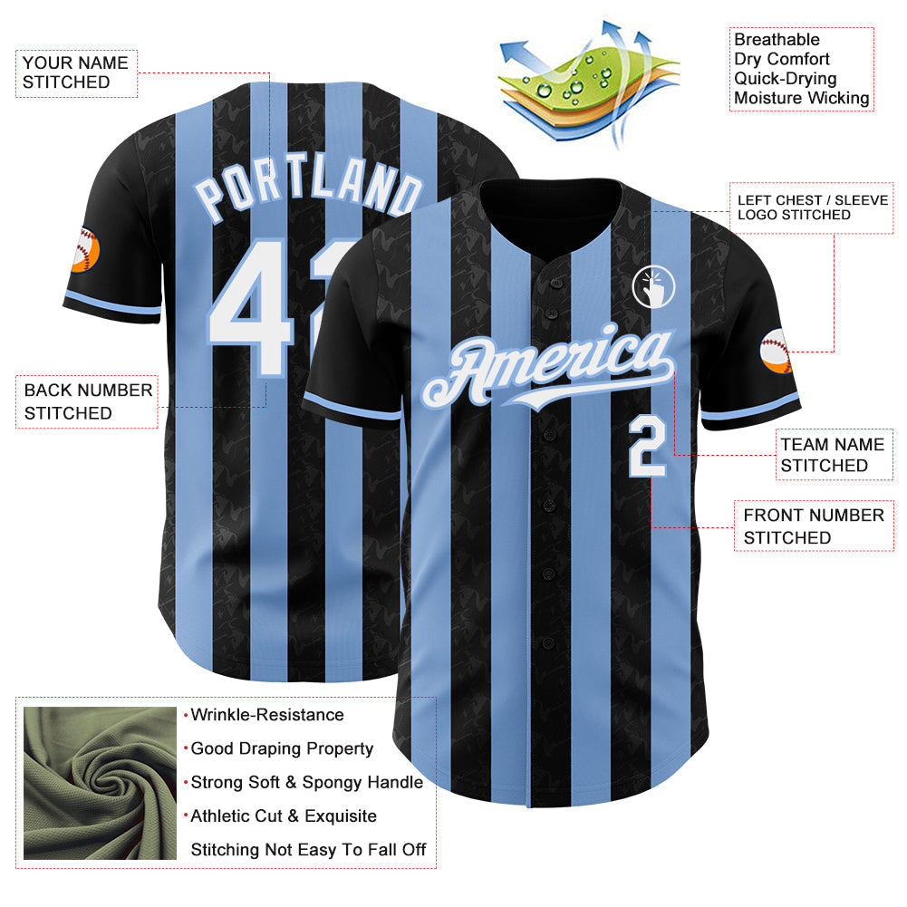 Custom Black White-Light Blue Classic Vertical Stripe Fluid Liquid Texture Authentic Baseball Jersey baseball jersey product view 3