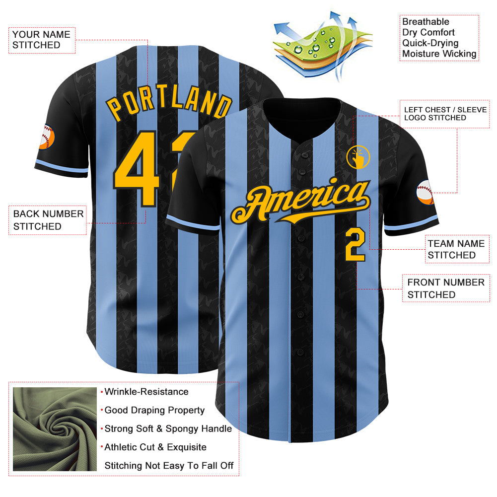 Custom Black Gold-Light Blue Classic Vertical Stripe Fluid Liquid Texture Authentic Baseball Jersey baseball jersey product view 3