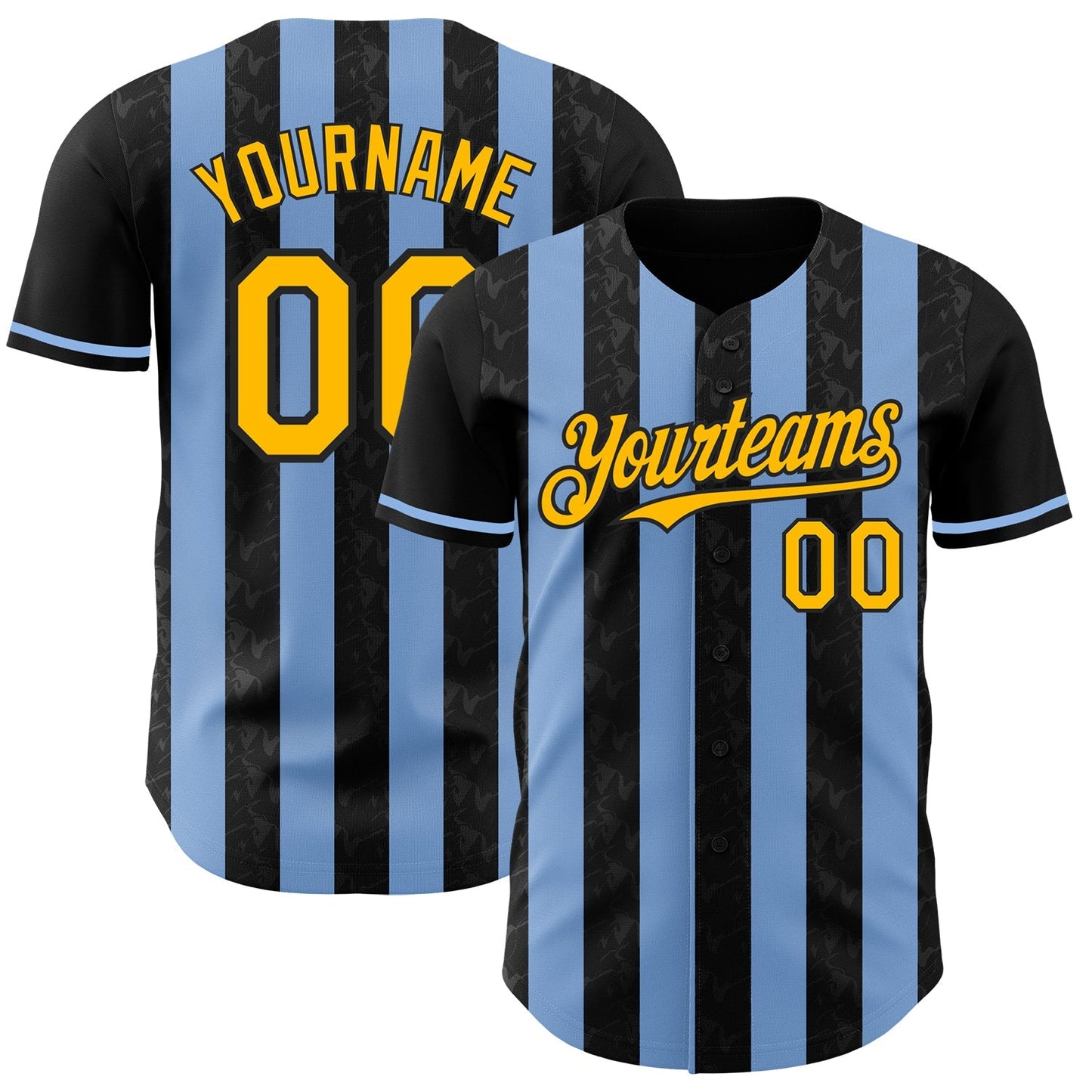 Custom Black Gold-Light Blue Classic Vertical Stripe Fluid Liquid Texture Authentic Baseball Jersey baseball jersey product view 1