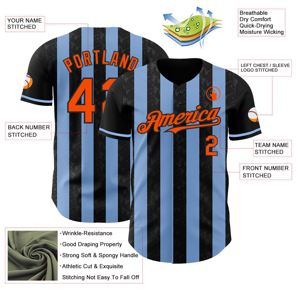 Custom Black Orange-Light Blue Classic Vertical Stripe Fluid Liquid Texture Authentic Baseball Jersey baseball jersey product view 3