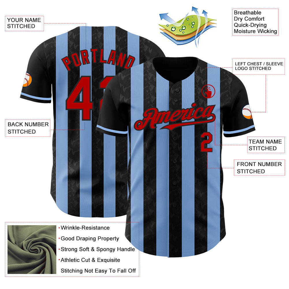 Custom Black Red-Light Blue Classic Vertical Stripe Fluid Liquid Texture Authentic Baseball Jersey baseball jersey product view 3