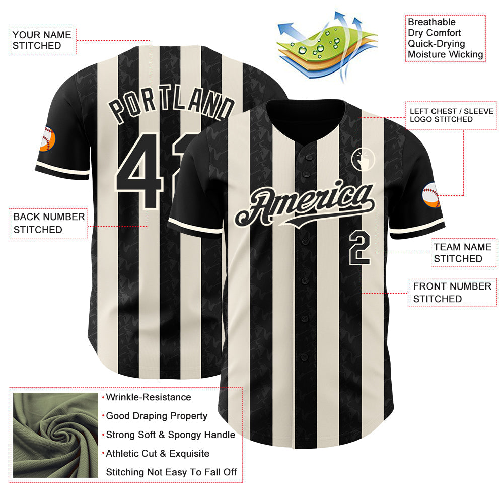 Custom Black Cream-Cream Classic Vertical Stripe Fluid Liquid Texture Authentic Baseball Jersey baseball jersey product view 3