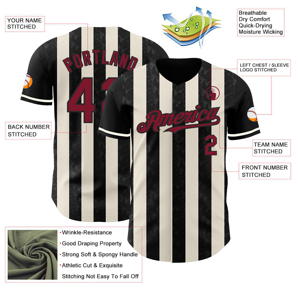 Custom Black Crimson-Cream Classic Vertical Stripe Fluid Liquid Texture Authentic Baseball Jersey baseball jersey product view 3