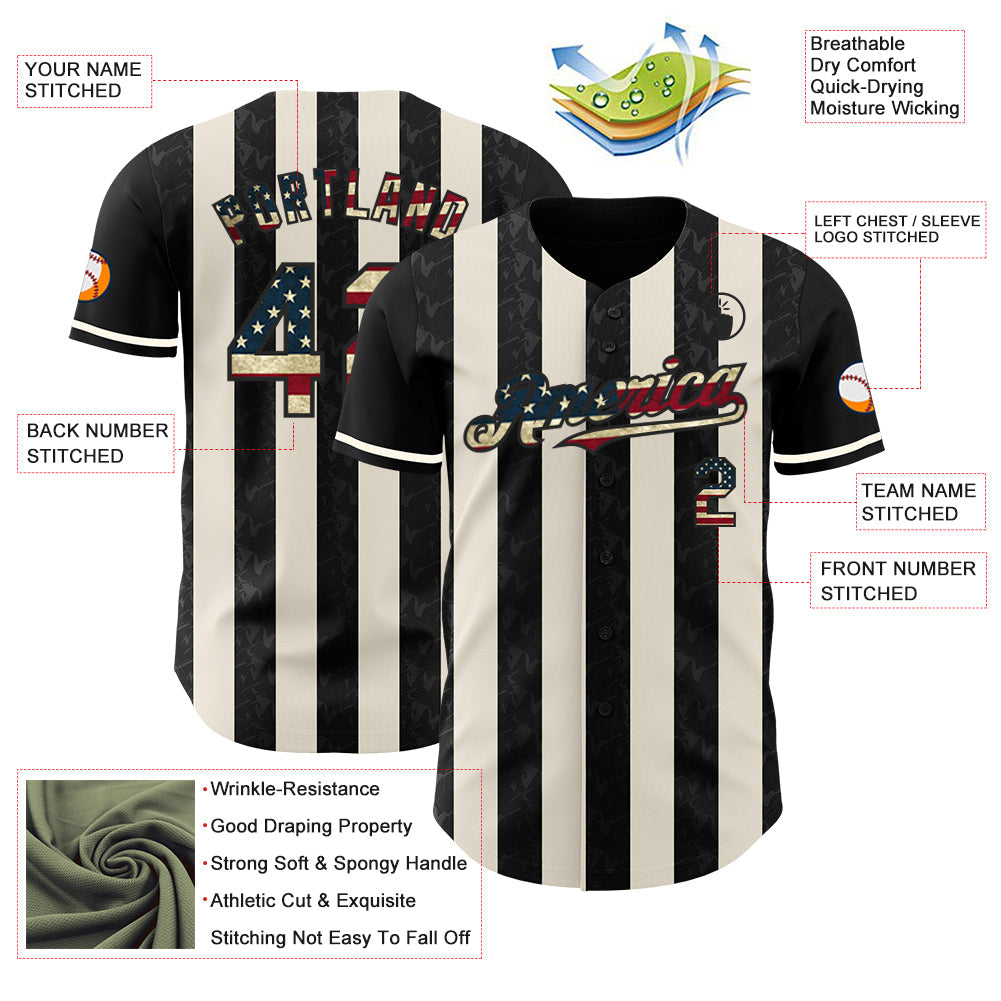 Custom Black Vintage USA Flag-Cream Classic Vertical Stripe Fluid Liquid Texture Authentic Baseball Jersey baseball jersey product view 3