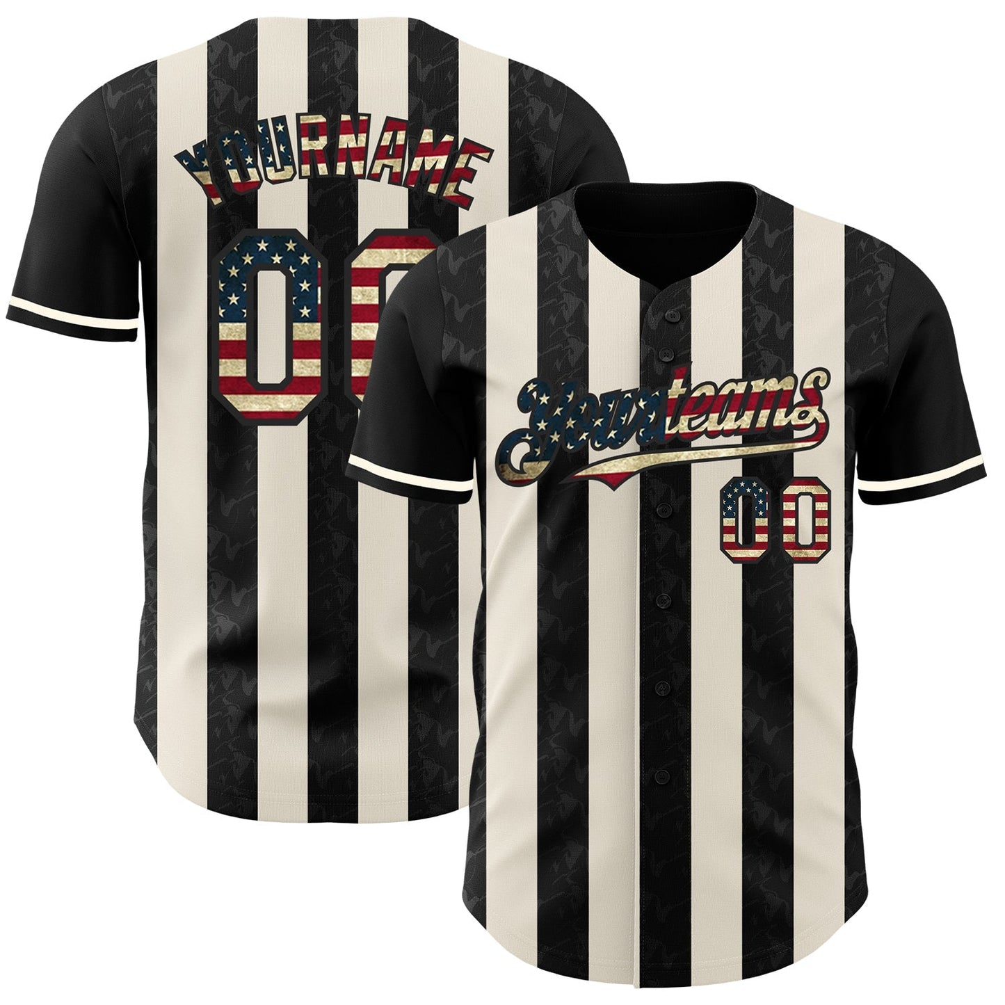 Custom Black Vintage USA Flag-Cream Classic Vertical Stripe Fluid Liquid Texture Authentic Baseball Jersey baseball jersey product view 1