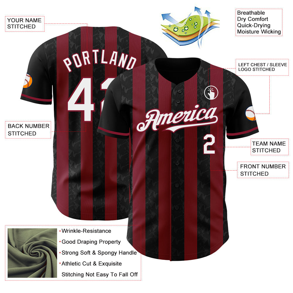 Custom Black White-Crimson Classic Vertical Stripe Fluid Liquid Texture Authentic Baseball Jersey baseball jersey product view 3