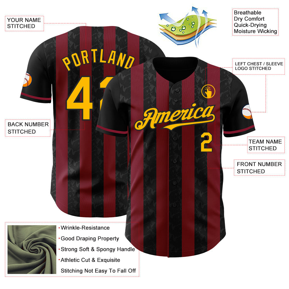 Custom Black Gold-Crimson Classic Vertical Stripe Fluid Liquid Texture Authentic Baseball Jersey baseball jersey product view 3
