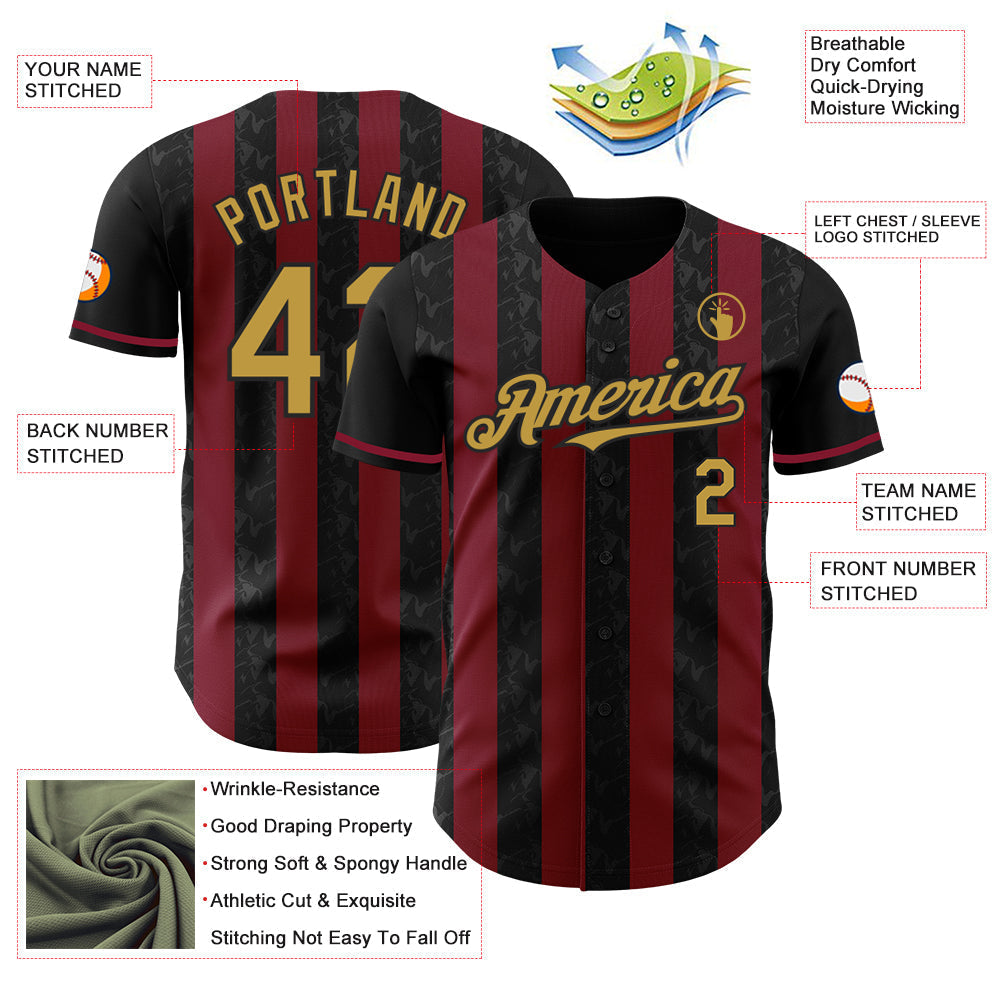 Custom Black Old Gold-Crimson Classic Vertical Stripe Fluid Liquid Texture Authentic Baseball Jersey baseball jersey product view 3