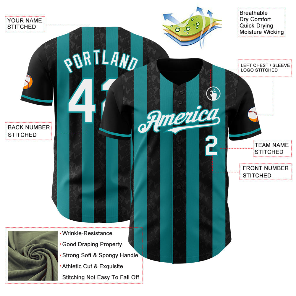 Custom Black White-Teal Classic Vertical Stripe Fluid Liquid Texture Authentic Baseball Jersey baseball jersey product view 3