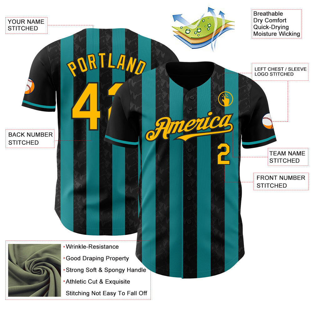 Custom Black Gold-Teal Classic Vertical Stripe Fluid Liquid Texture Authentic Baseball Jersey baseball jersey product view 3