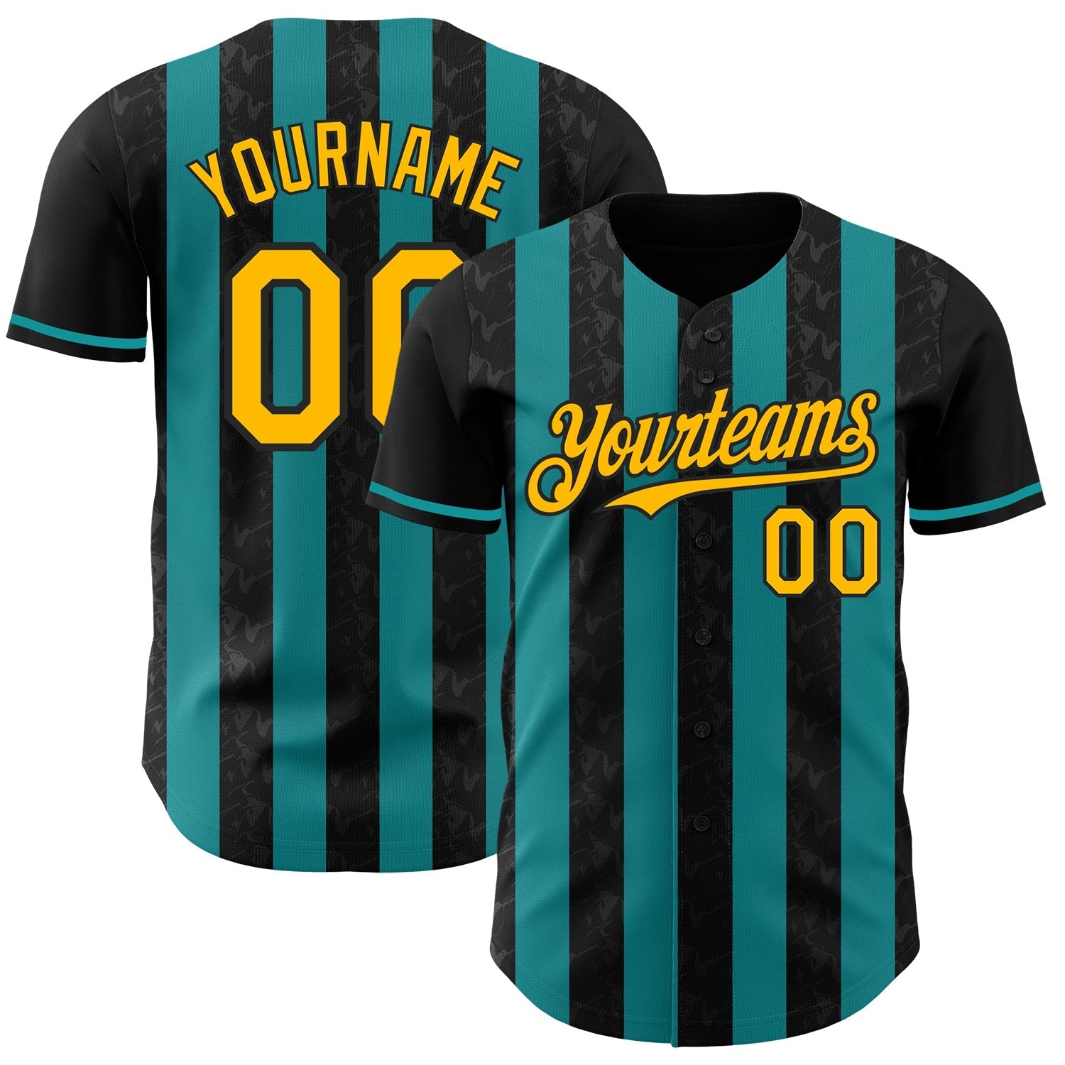 Custom Black Gold-Teal Classic Vertical Stripe Fluid Liquid Texture Authentic Baseball Jersey baseball jersey product view 1