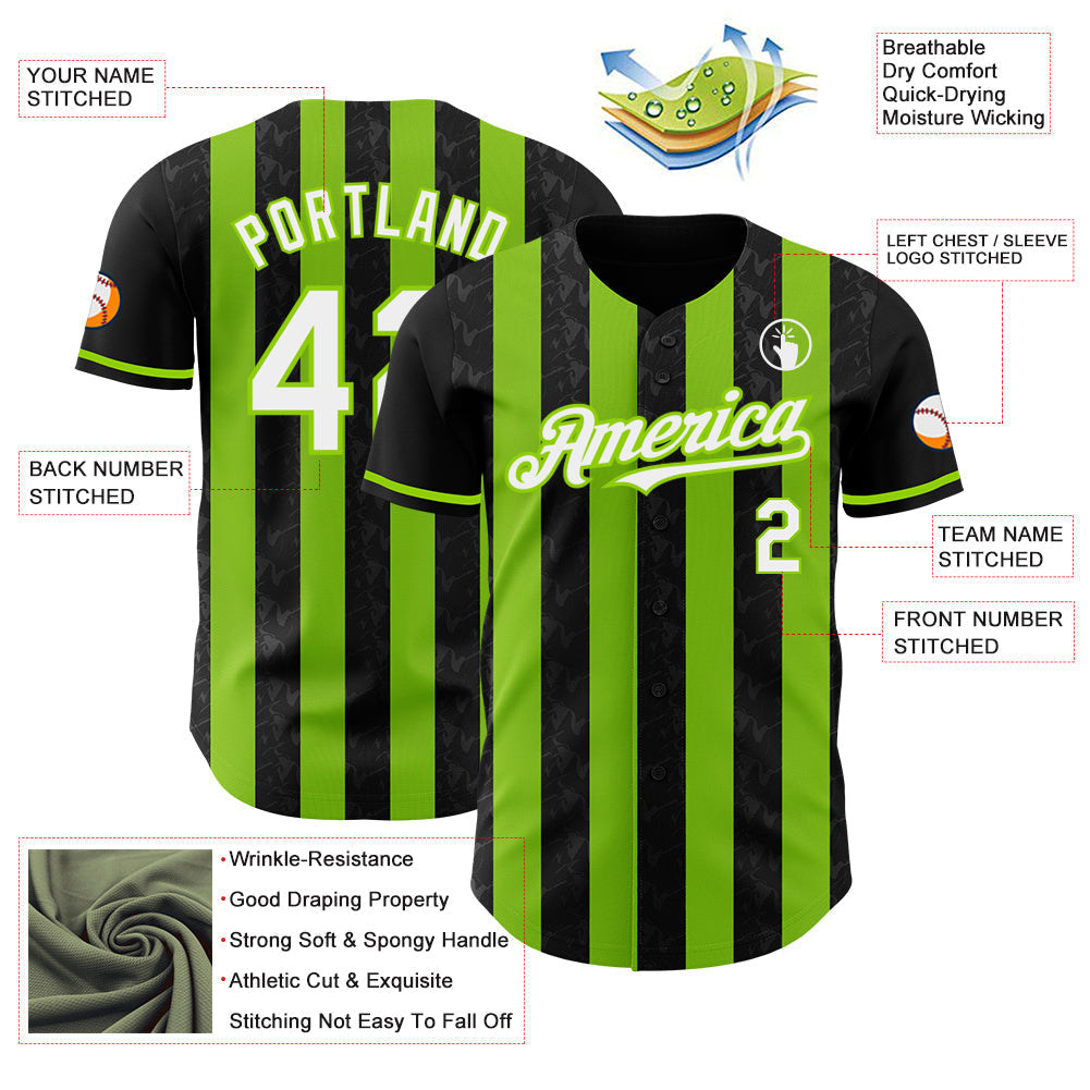 Custom Black White-Neon Green Classic Vertical Stripe Fluid Liquid Texture Authentic Baseball Jersey baseball jersey product view 3