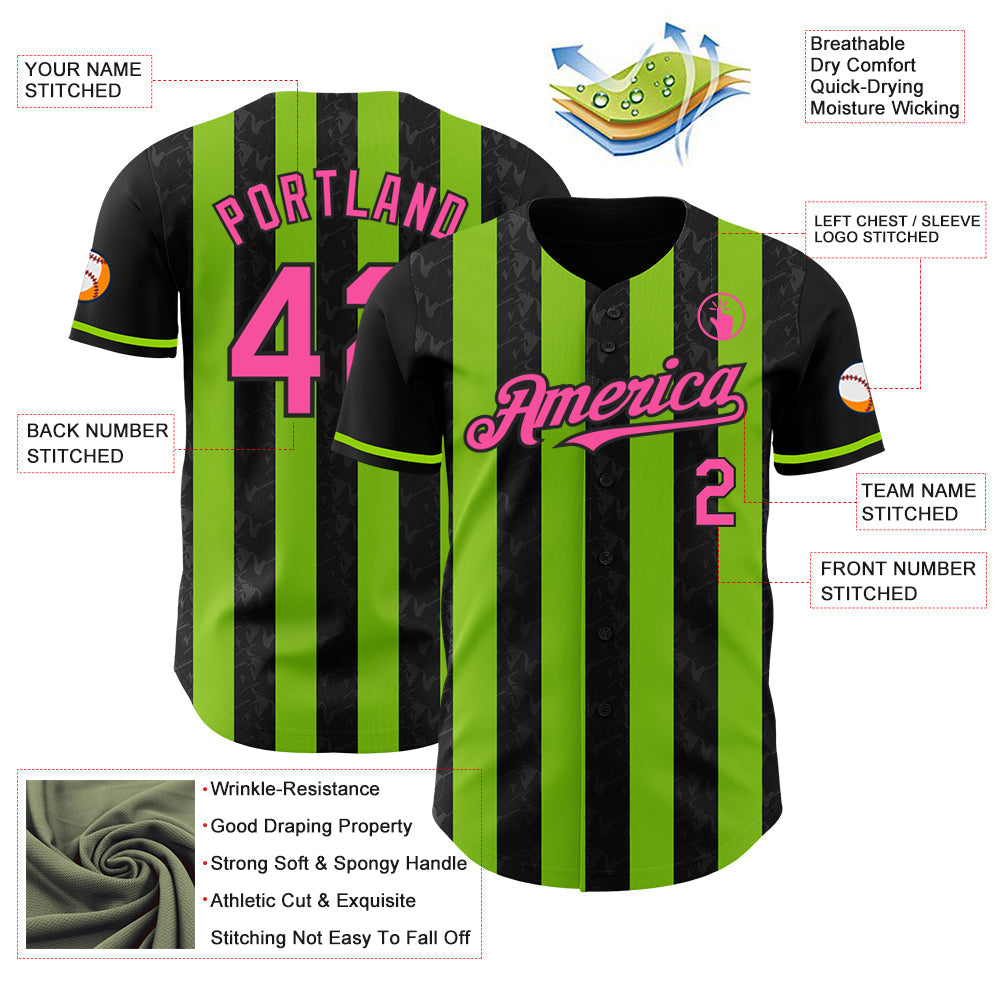 Custom Black Pink-Neon Green Classic Vertical Stripe Fluid Liquid Texture Authentic Baseball Jersey baseball jersey product view 3