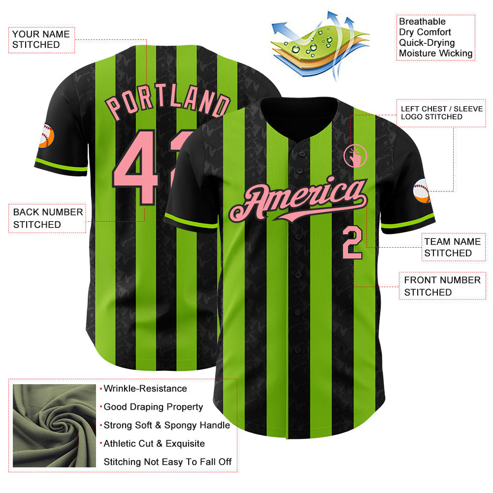 Custom Black Medium Pink-Neon Green Classic Vertical Stripe Fluid Liquid Texture Authentic Baseball Jersey baseball jersey product view 3