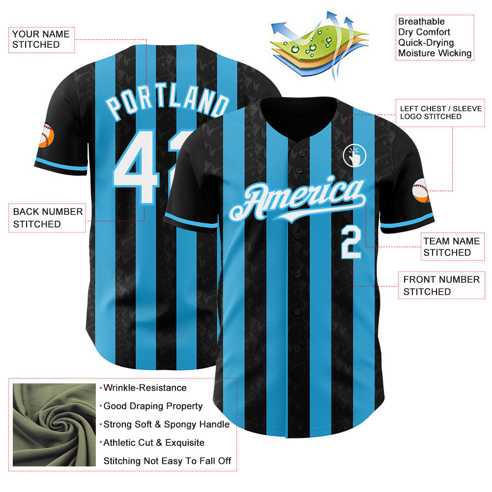 Custom Black White-Sky Blue Classic Vertical Stripe Fluid Liquid Texture Authentic Baseball Jersey baseball jersey product view 3