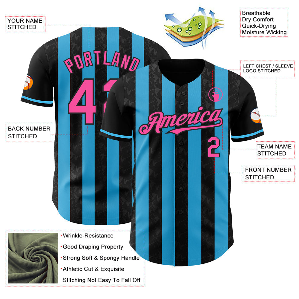 Custom Black Pink-Sky Blue Classic Vertical Stripe Fluid Liquid Texture Authentic Baseball Jersey baseball jersey product view 3