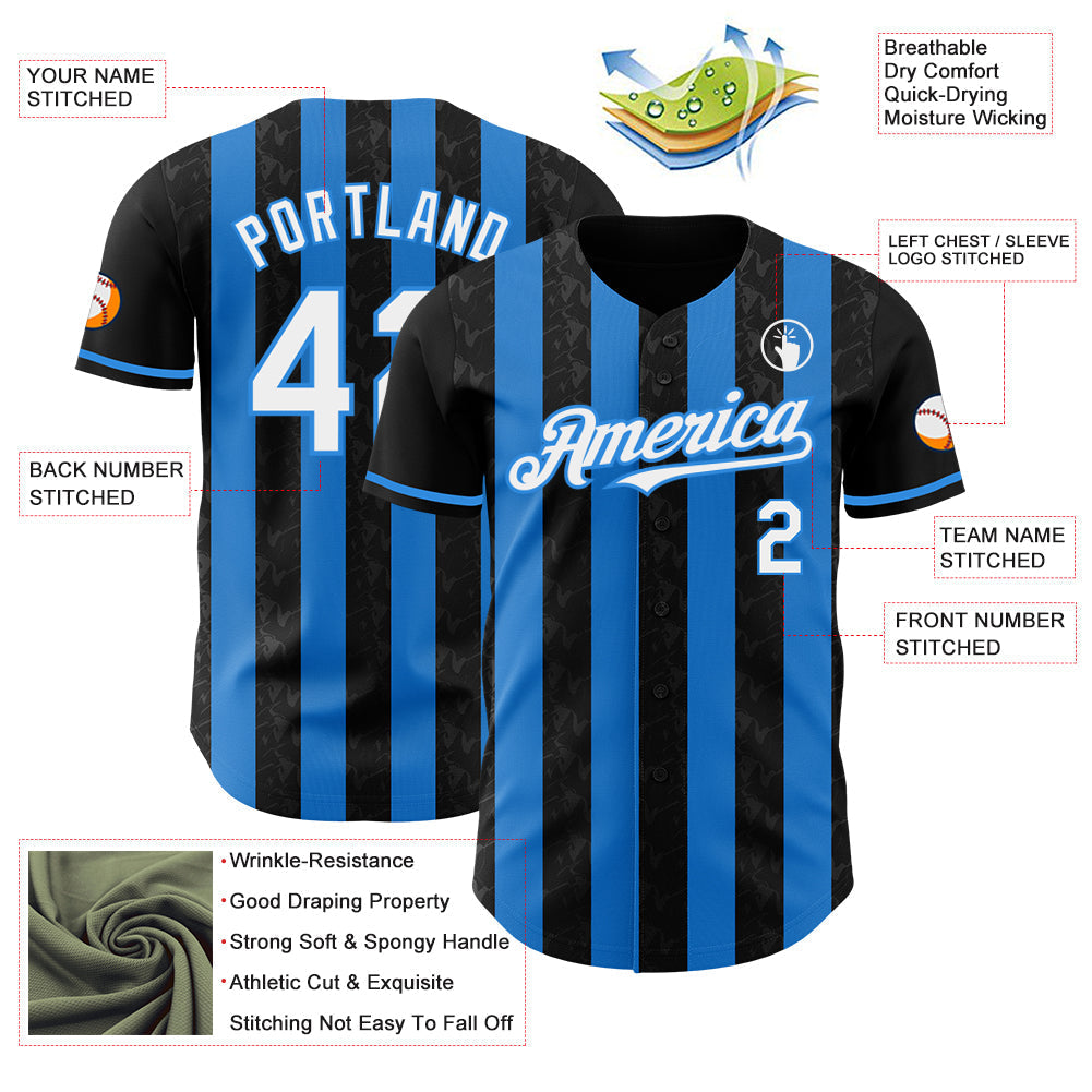 Custom Black White-Electric Blue Classic Vertical Stripe Fluid Liquid Texture Authentic Baseball Jersey baseball jersey product view 3