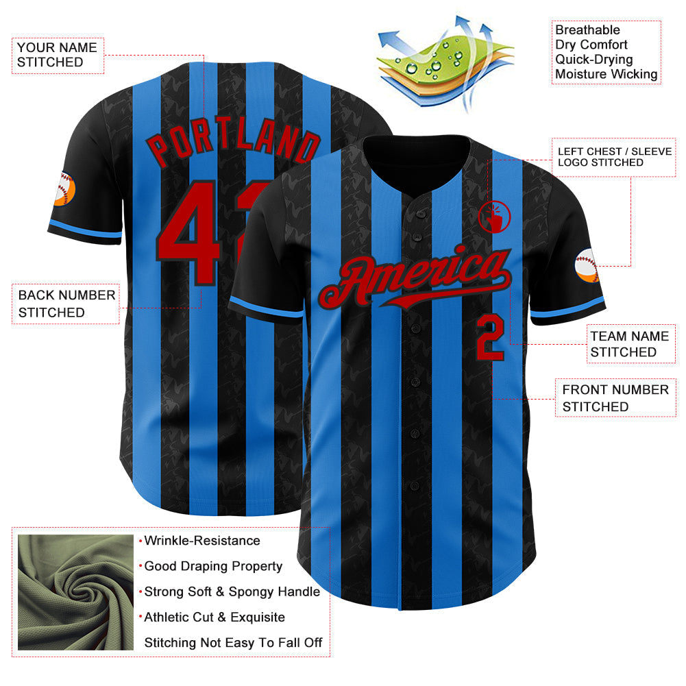 Custom Black Red-Electric Blue Classic Vertical Stripe Fluid Liquid Texture Authentic Baseball Jersey baseball jersey product view 3
