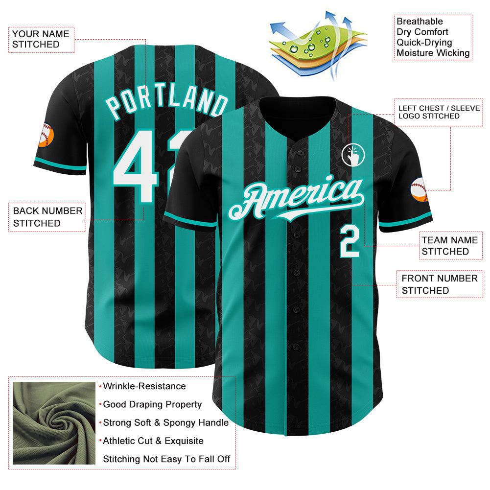 Custom Black White-Aqua Classic Vertical Stripe Fluid Liquid Texture Authentic Baseball Jersey baseball jersey product view 3