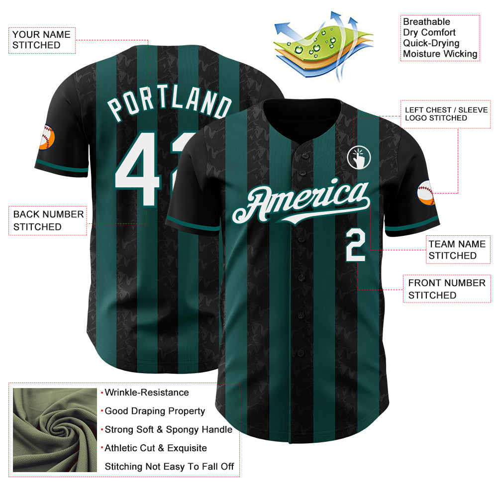 Custom Black White-Midnight Green Classic Vertical Stripe Fluid Liquid Texture Authentic Baseball Jersey baseball jersey product view 3