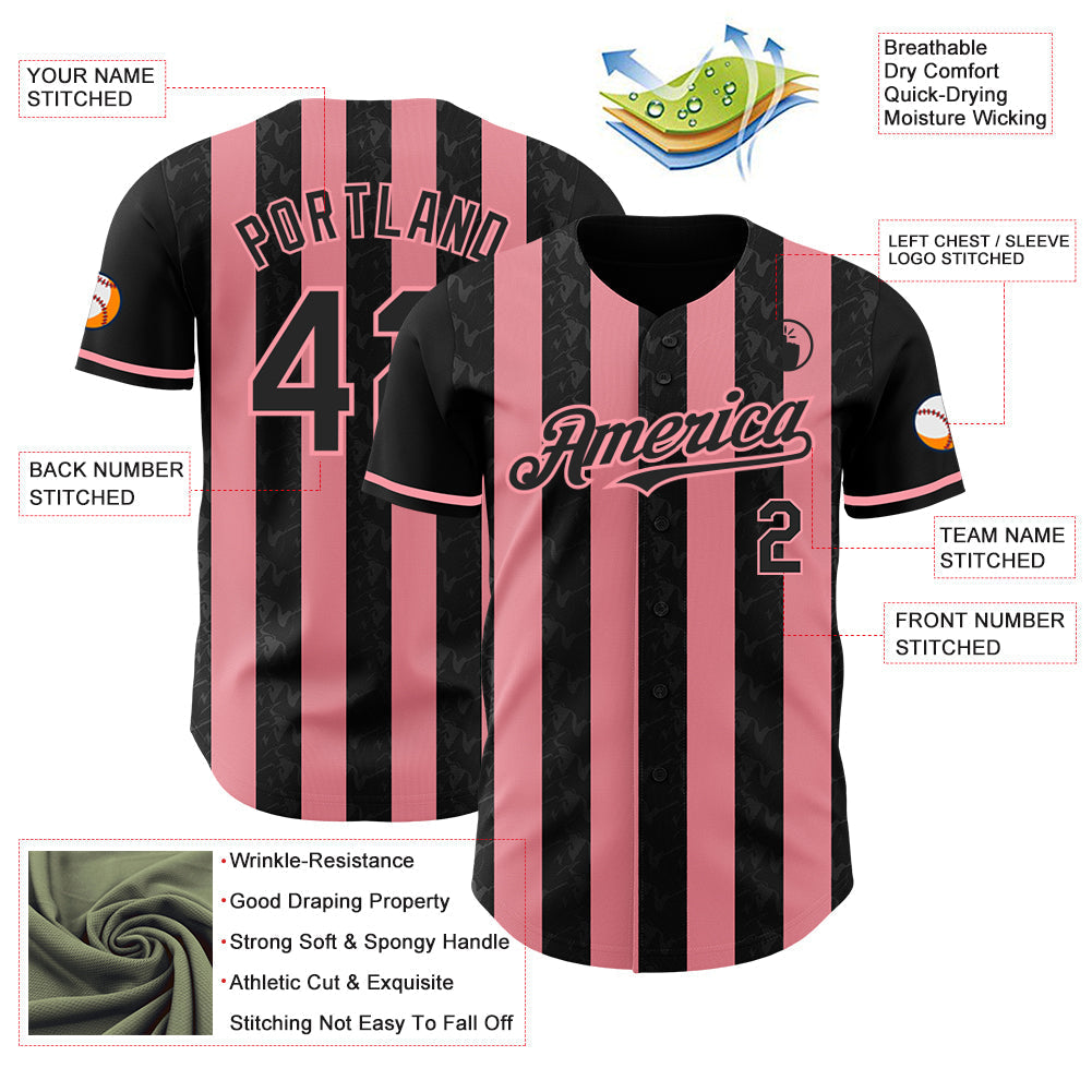 Custom Black-Medium Pink Classic Vertical Stripe Fluid Liquid Texture Authentic Baseball Jersey baseball jersey product view 3