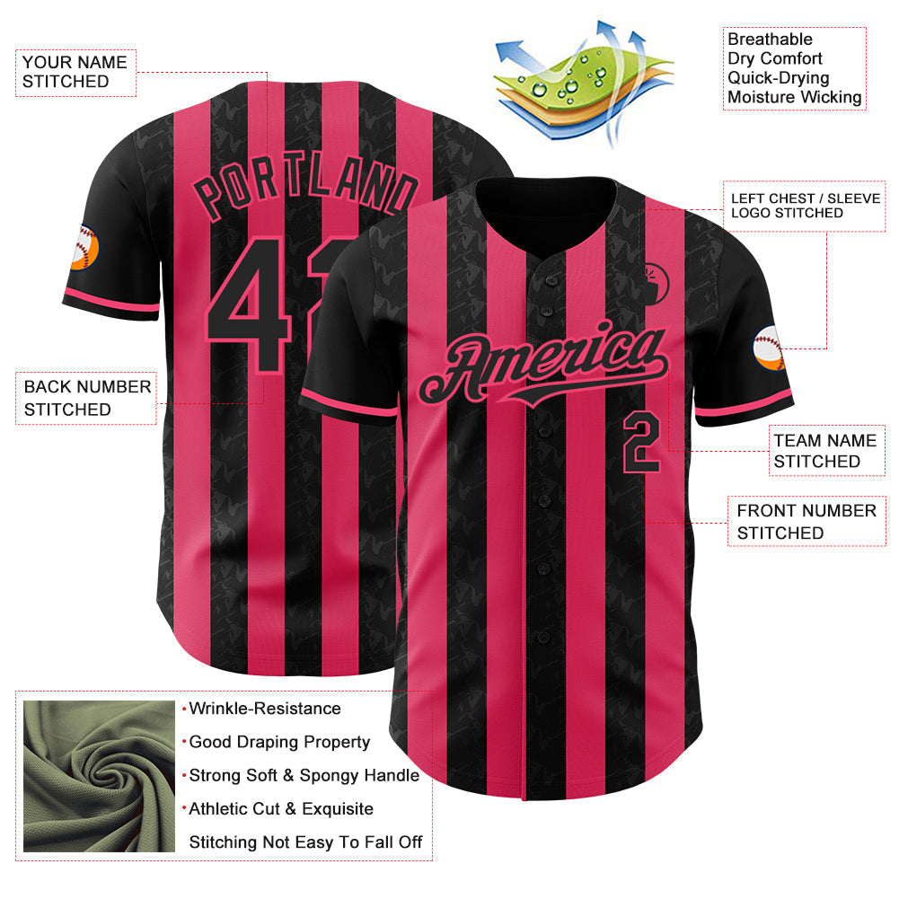 Custom Black-Neon Pink Classic Vertical Stripe Fluid Liquid Texture Authentic Baseball Jersey baseball jersey product view 3