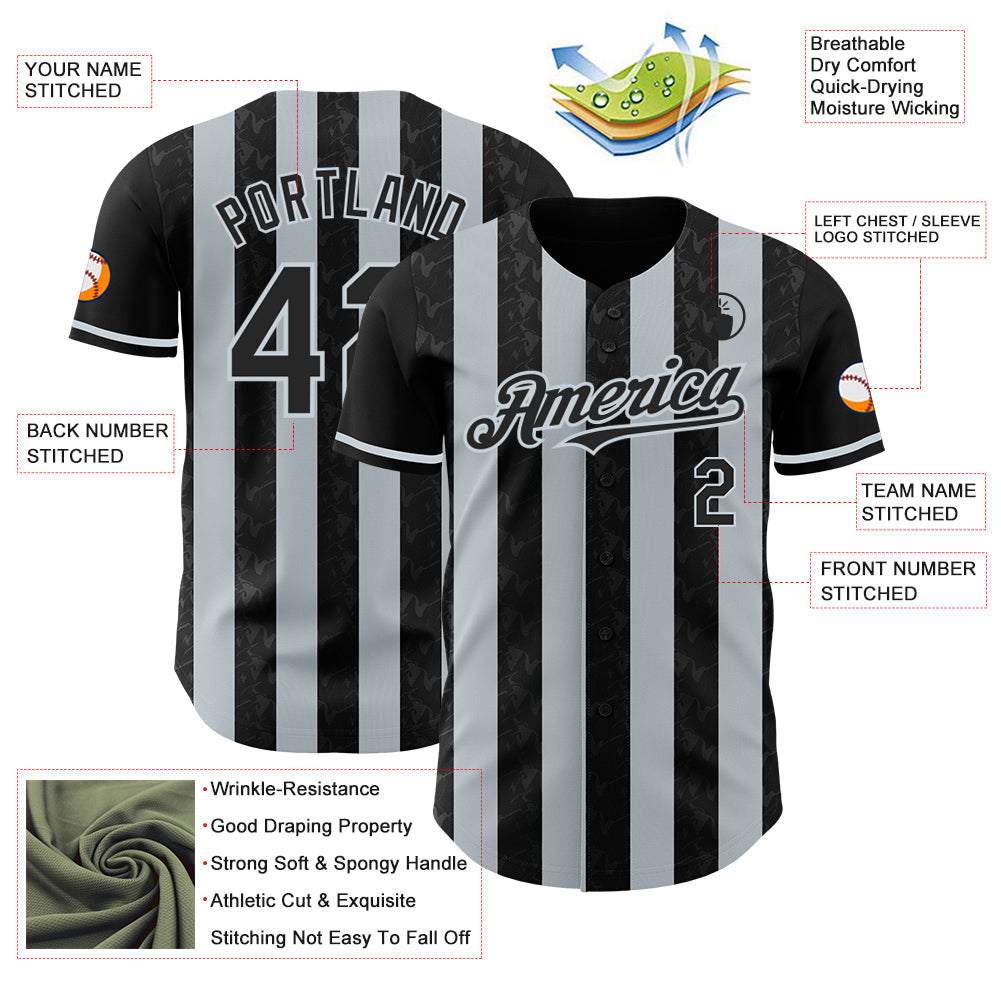 Custom Black-Silver Classic Vertical Stripe Fluid Liquid Texture Authentic Baseball Jersey baseball jersey product view 3