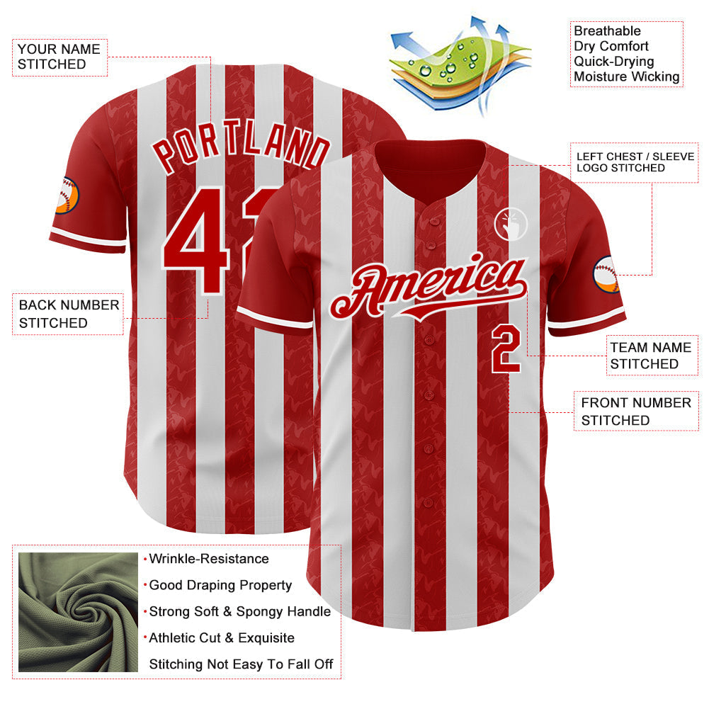 Custom Red-White Classic Vertical Stripe Fluid Liquid Texture Authentic Baseball Jersey baseball jersey product view 3