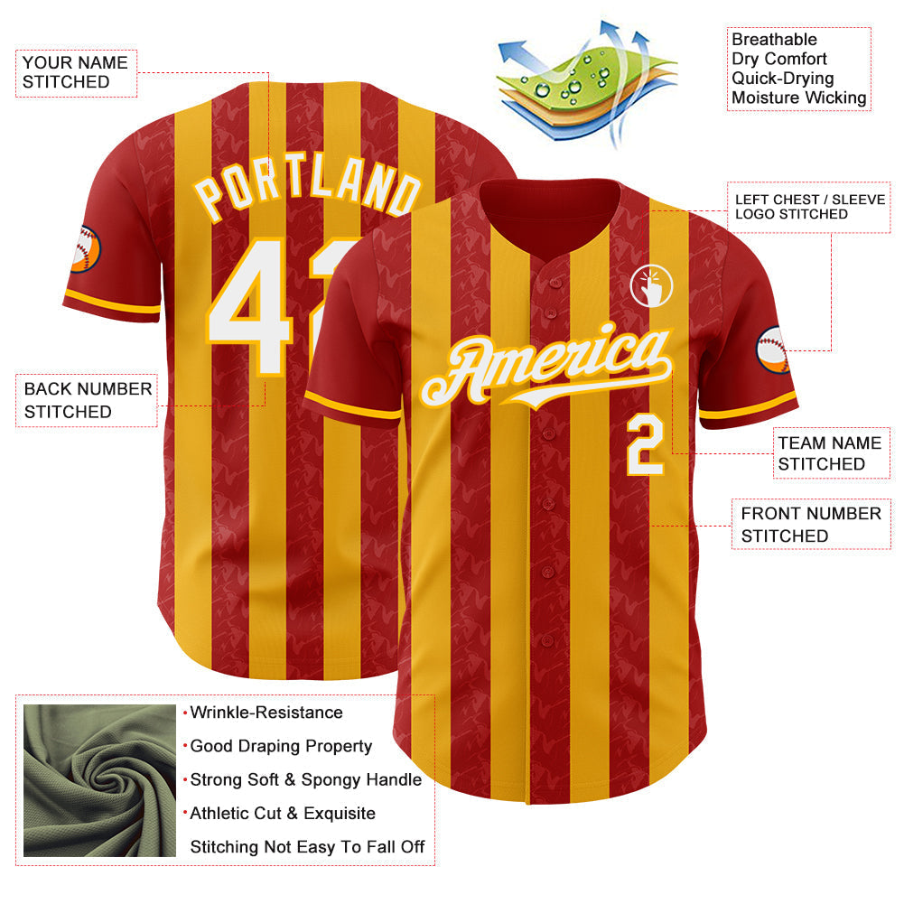 Custom Red White-Gold Classic Vertical Stripe Fluid Liquid Texture Authentic Baseball Jersey baseball jersey product view 3