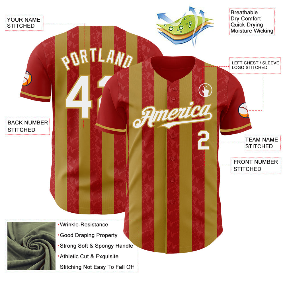 Custom Red White-Old Gold Classic Vertical Stripe Fluid Liquid Texture Authentic Baseball Jersey baseball jersey product view 3