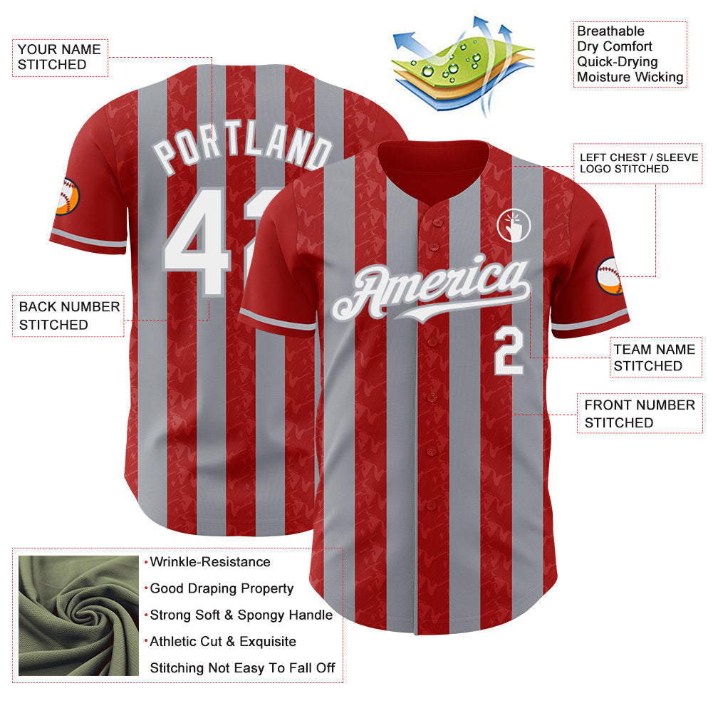 Custom Red White-Gray Classic Vertical Stripe Fluid Liquid Texture Authentic Baseball Jersey baseball jersey product view 3