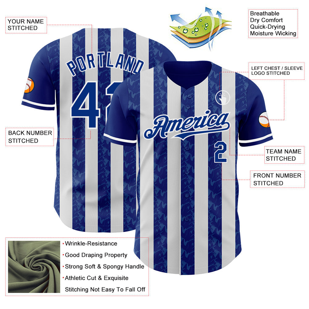 Custom Royal-White Classic Vertical Stripe Fluid Liquid Texture Authentic Baseball Jersey baseball jersey product view 3