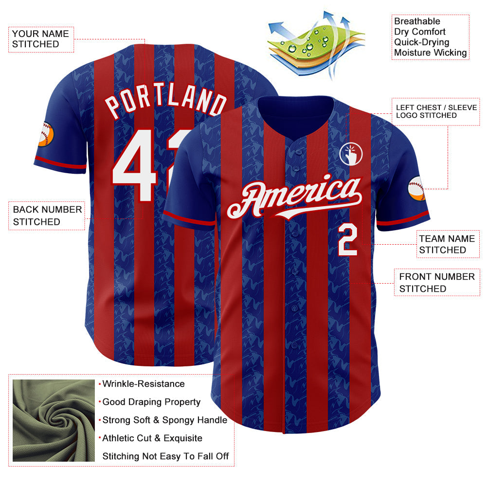 Custom Royal White-Red Classic Vertical Stripe Fluid Liquid Texture Authentic Baseball Jersey baseball jersey product view 3
