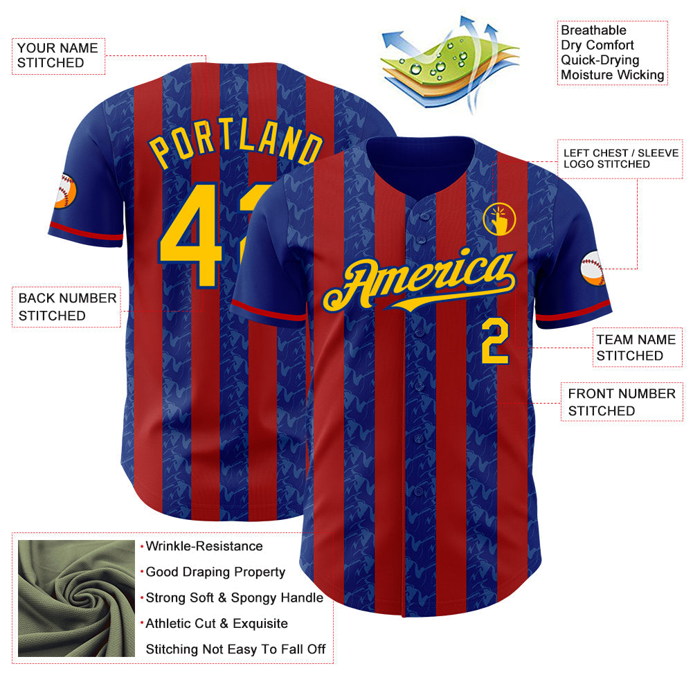 Custom Royal Yellow-Red Classic Vertical Stripe Fluid Liquid Texture Authentic Baseball Jersey baseball jersey product view 3